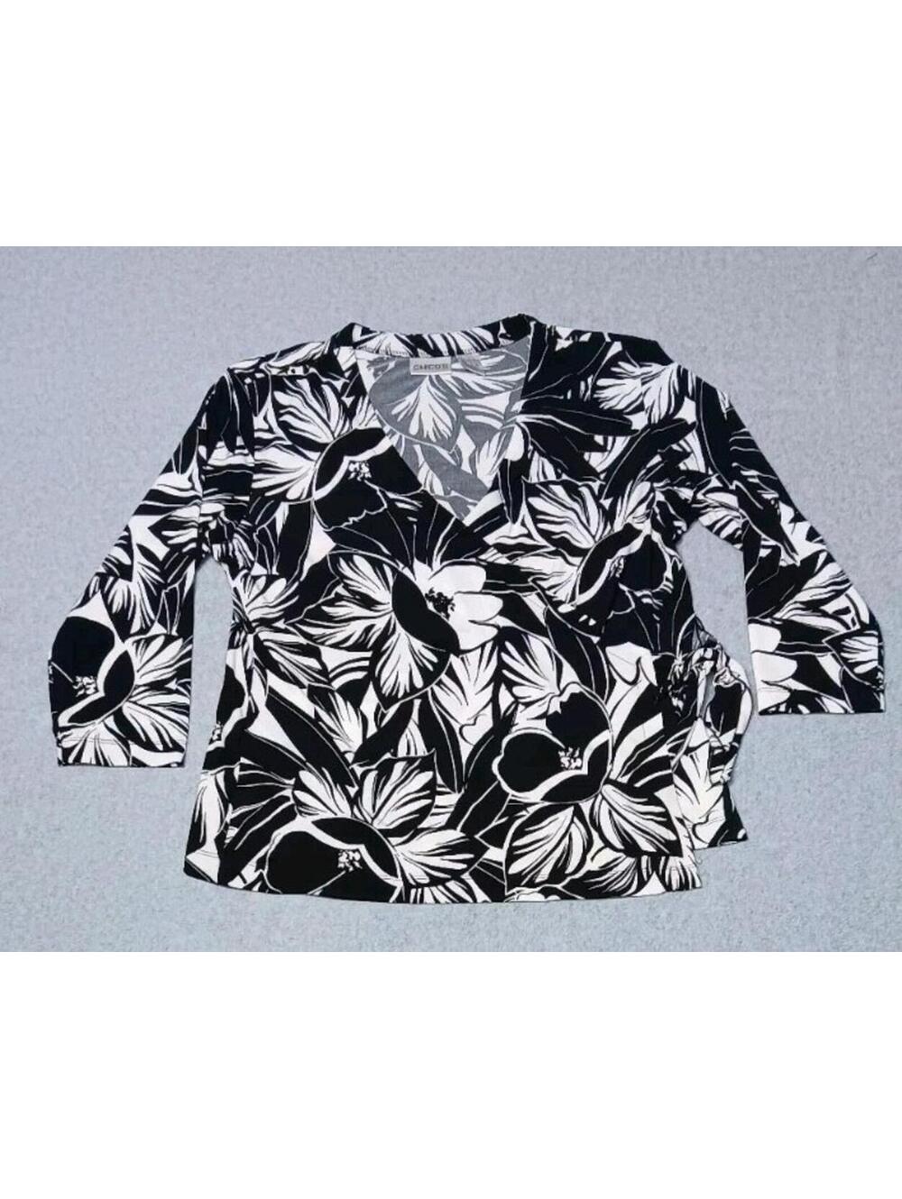Chicos 3/4 Sleeve Wrap Blouse Womens Size 2 Black And White Dloral Design...